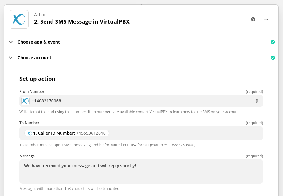 VirtualPBX Send SMS Action in Zapier